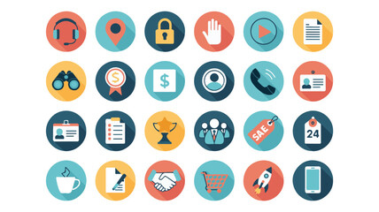 Business icons headset location lock hand play document binoculars award money dollar bill profile phone badge list trophy team sale tag twenty four coffee contract