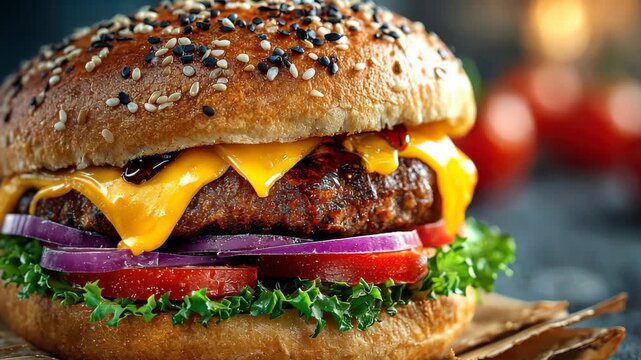 Juicy cheeseburger with fresh toppings and sesame seed bun in a warm, inviting setting