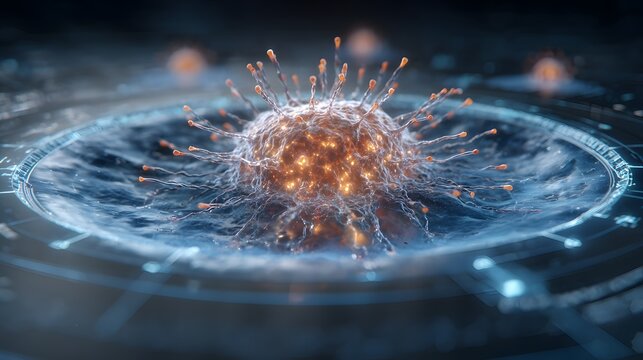 Close up of a virus cell with orange spikes in a blue liquid like environment for scientific study
