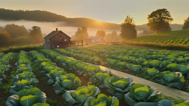 Peaceful green farm at sunrise with rows of vegetables and a rustic farmhouse surrounded by rolling hills, capturing the beauty of sustainable rural agriculture and nature harmony.