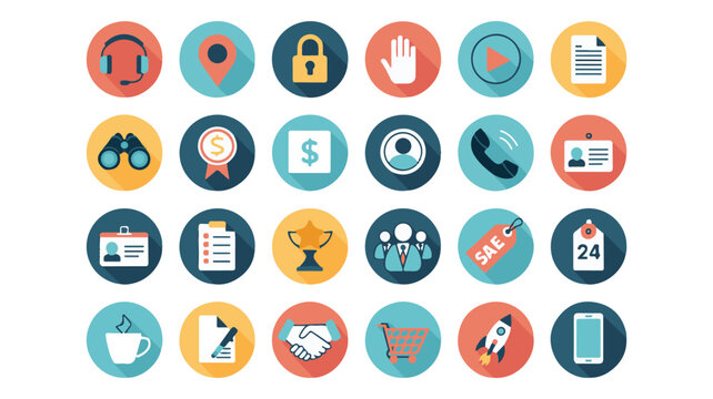 Business icons headset location lock hand play document binoculars award money dollar bill profile phone badge list trophy team sale tag twenty four coffee contract