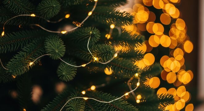 Close-up of christmas tree branches decorated with fairy lights