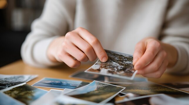 Close-up of fingers gently lifting one print among others — representing sentimental moments, cherished memories, and analog photography aesthetics for editorial or social content. cinematic color
