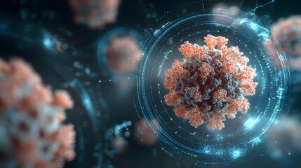 Microscopic view of coronavirus cells surrounded by digital interface in a dark blue background