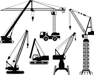 Construction crane silhouettes, tower crane, mobile crane, crawler crane, gantry crane, industrial equipment, heavy lifting, construction machinery, black vector illustration