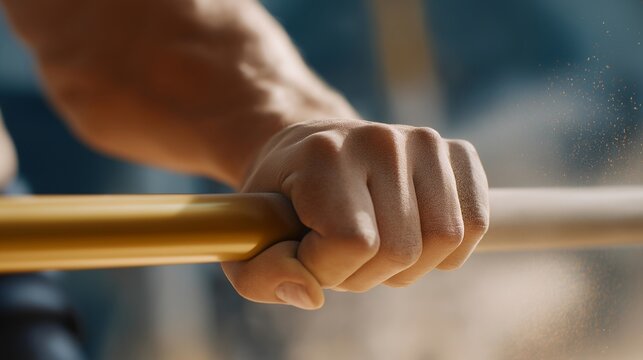 Hand gripping a gym barbell as chalk dust flies into the air during heavy lifting — concept of strength training, athletic performance, fitness dedication, and active lifestyle photography.