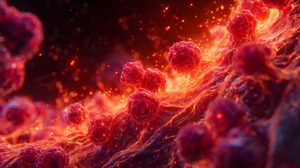 Close up of red cells with bright orange and red light on a dark background with particles