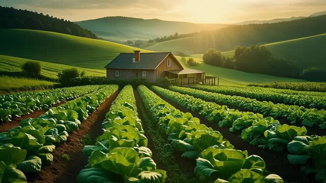 Peaceful green farm at sunrise with rows of vegetables and a rustic farmhouse surrounded by rolling hills, capturing the beauty of sustainable rural agriculture and nature harmony.