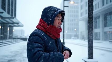 Ill man with a red scarf feeling unwell, coughing and sneezing into a tissue while standing outdoors on a city street during a winter snowstorm with heavy snowfall and cold weather - Powered by Adobe