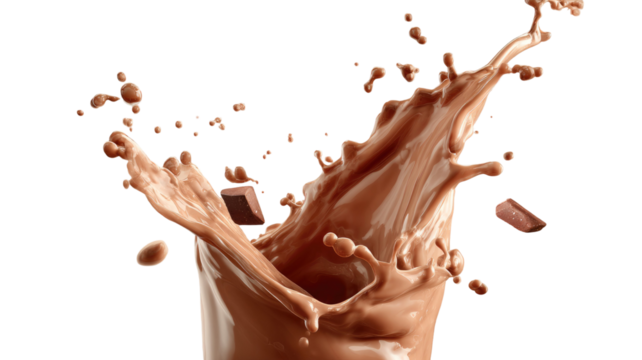 Brown chocolate splash on pale background showing creamy texture and sweet dessert element frozen in motion on white background