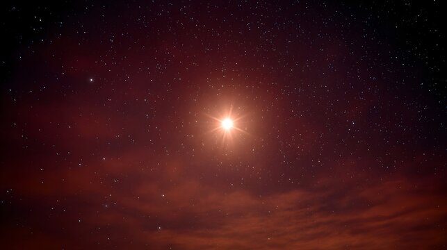 A brilliant radiant star shines in the deep crimson expanse of the cosmos filled with countless stars and wispy cosmic dust