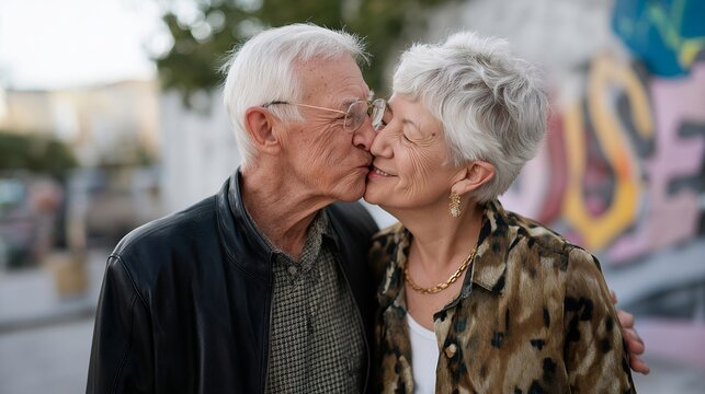 Seniors sharing a passionate kiss in front of a street art mural, colors reflecting on their faces — concept of urban love, expressive connection, creative backgrounds, and romantic senior