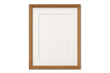 Wooden picture frame mockup with white mat, displaying empty vertical blank canvas for artwork on transparent background