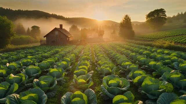 Peaceful green farm at sunrise with rows of vegetables and a rustic farmhouse surrounded by rolling hills, capturing the beauty of sustainable rural agriculture and nature harmony.