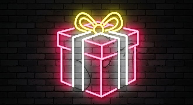 Colorful glowing neon gift box sign illuminated on brick wall - Powered by Adobe