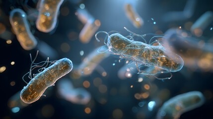 Microscopic view of bacteria cells with flagella floating in a blue and yellow environment