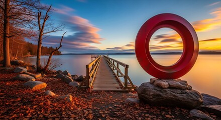 Serene lake pier at vibrant sunset with modern red art piece