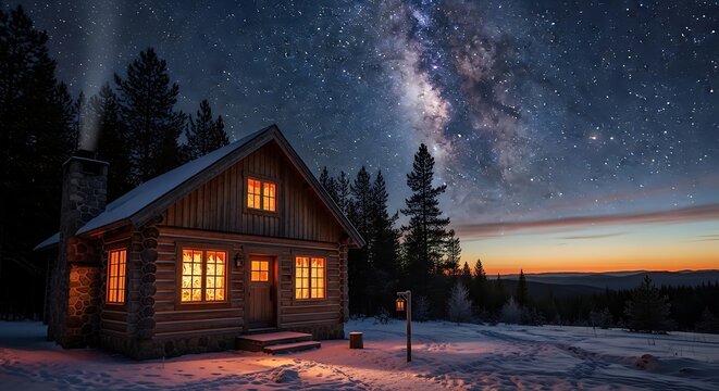 Rustic log cabin illuminated under milky way winter night sky