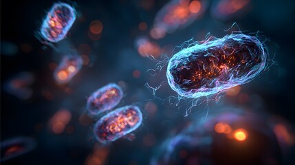 A microscopic view of bacteria cells with glowing interiors floating in a dark blue environment