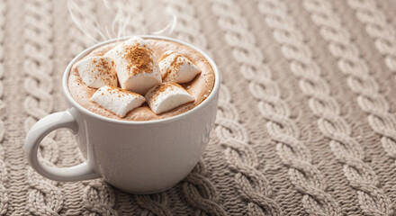 Hot chocolate with marshmallows in a white cup on a knitted background  