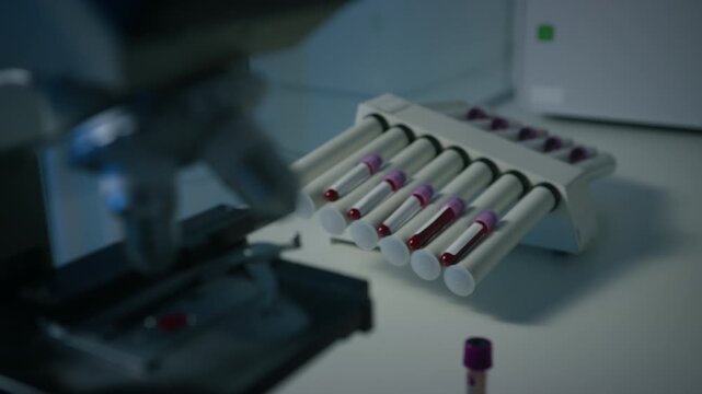 Electric test tube rotator and microscope with blood sample on a workbench in hematology analysis laboratory, close up shot.