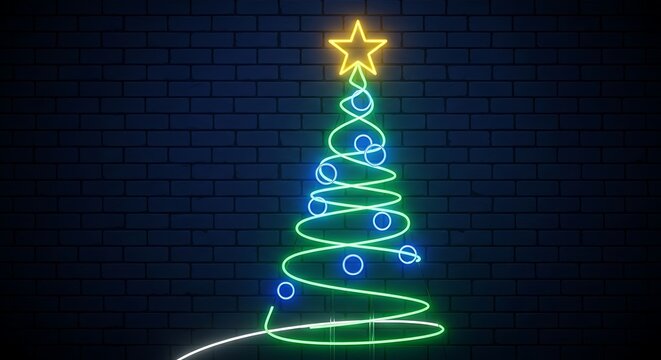 Modern glowing neon christmas tree with star and blue ornaments - Powered by Adobe
