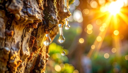 Resin Drops on Tree Bark in Sunlight - A Natural Wonder.