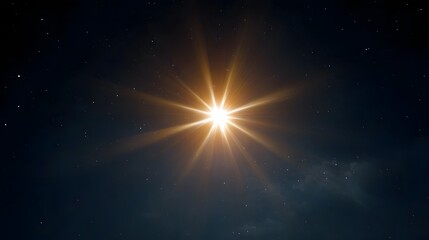 Obraz premium A brilliant star radiates intense light with visible rays against a dark star filled cosmic background