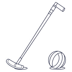 Line Drawing of a Croquet Mallet and Ball on White Background sport game