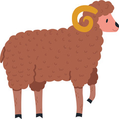 Brown Cartoon Ram With Golden Horns Standing Against Transparent Background Simple Farm Animal Illustration