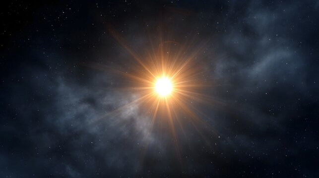 A radiant luminous star with bright rays flares intensely in the dark expanse of space surrounded by cosmic dust and distant stars