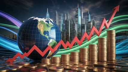 Global economic growth concept with earth globe, rising arrow, and stacks of coins against cityscape - Powered by Adobe