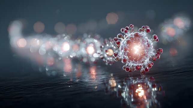 A microscopic view of a virus cell with red spikes and bright center on a reflective surface