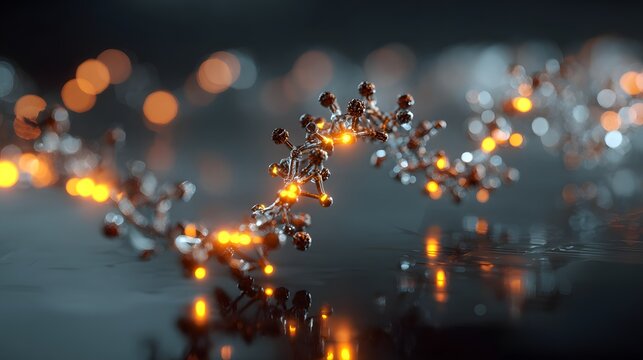Illuminated molecular structure with bokeh lights in the background on a reflective surface
