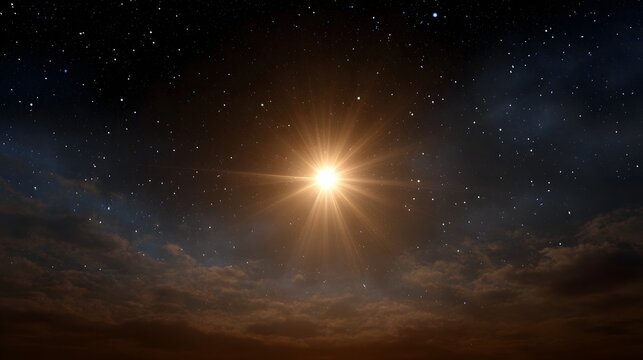 A brilliant starburst illuminates the dark night sky filled with twinkling stars and gentle clouds