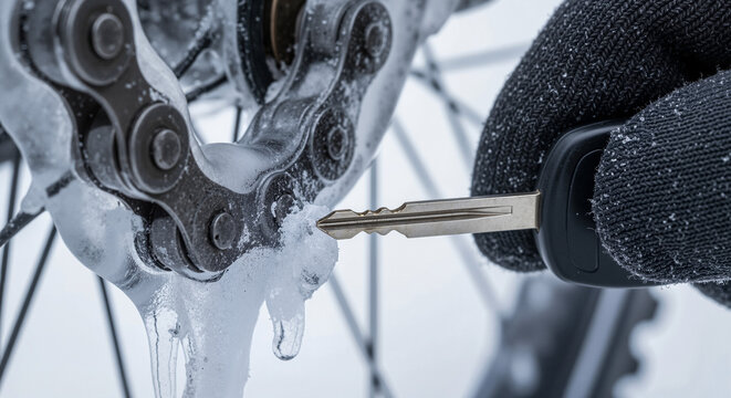 A person tries to de-ice an Icy bicycle chain with a key, a closeup for articles about winter cycling challenges and solutions.