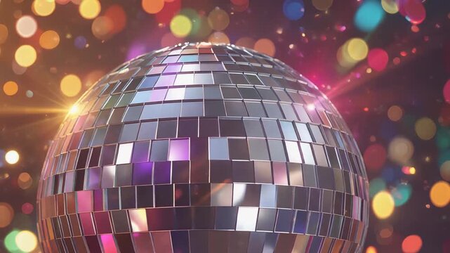 Rotating Disco Ball 3D Render Seamless Loop with Bright Christmas Bokeh and Dynamic Lens Flare Effects.