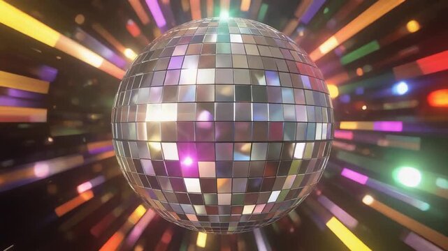 Cinematic 3D Render of a Spinning Disco Ball Background Loop with Colorful Streaks and Bokeh Lights.