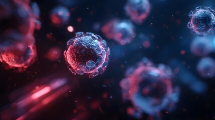 A microscopic view of viruses with red and blue hues floating in a dark abstract background