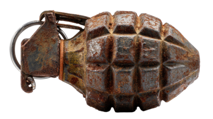 Rusty grenade with corroded metal surface showing aged military weapon and vintage warfare object isolated on white background