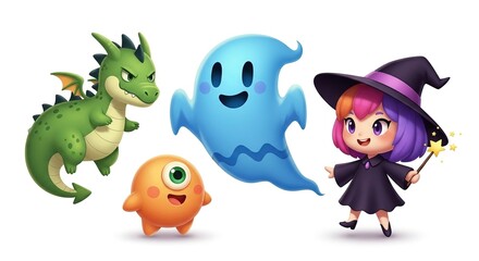 Fototapeta premium Cute cartoon characters including a dragon, ghost, cyclops, and witch isolated on white background