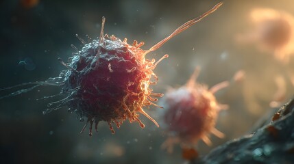 Close up view of microscopic cells with spikes and textured surface in a blurred background