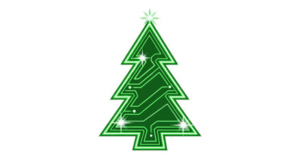 Modern digital Christmas tree with glowing circuits, perfect for tech holiday greetings and innovative festive designs.