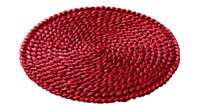 Red woven circular placemat made from natural fibers showing detailed handmade texture and decorative pattern on white background