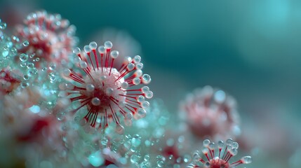 A close up view of virus cells with red spikes and water droplets on a blurred background