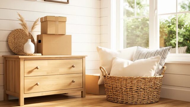 Cozy home interior with natural light. Stylish wooden furniture complements bright atmosphere. Relaxation space features soft pillows and decoration.