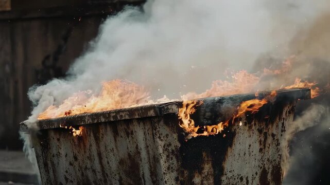 A burning dumpster engulfed in flames and smoke, an image of urban decay