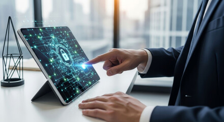 Businessman uses tablet to interact with digital security interface showing glowing padlock icon