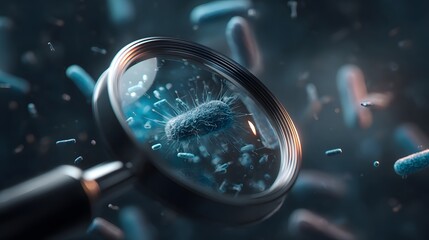 A magnified view of bacteria cells under a microscope with a dark blue and gray color scheme
