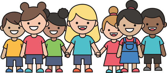 Cartoon children holding hands, diverse group illustration, multicultural unity, happy kids, flat vector, colorful design, friendship concept, inclusive art